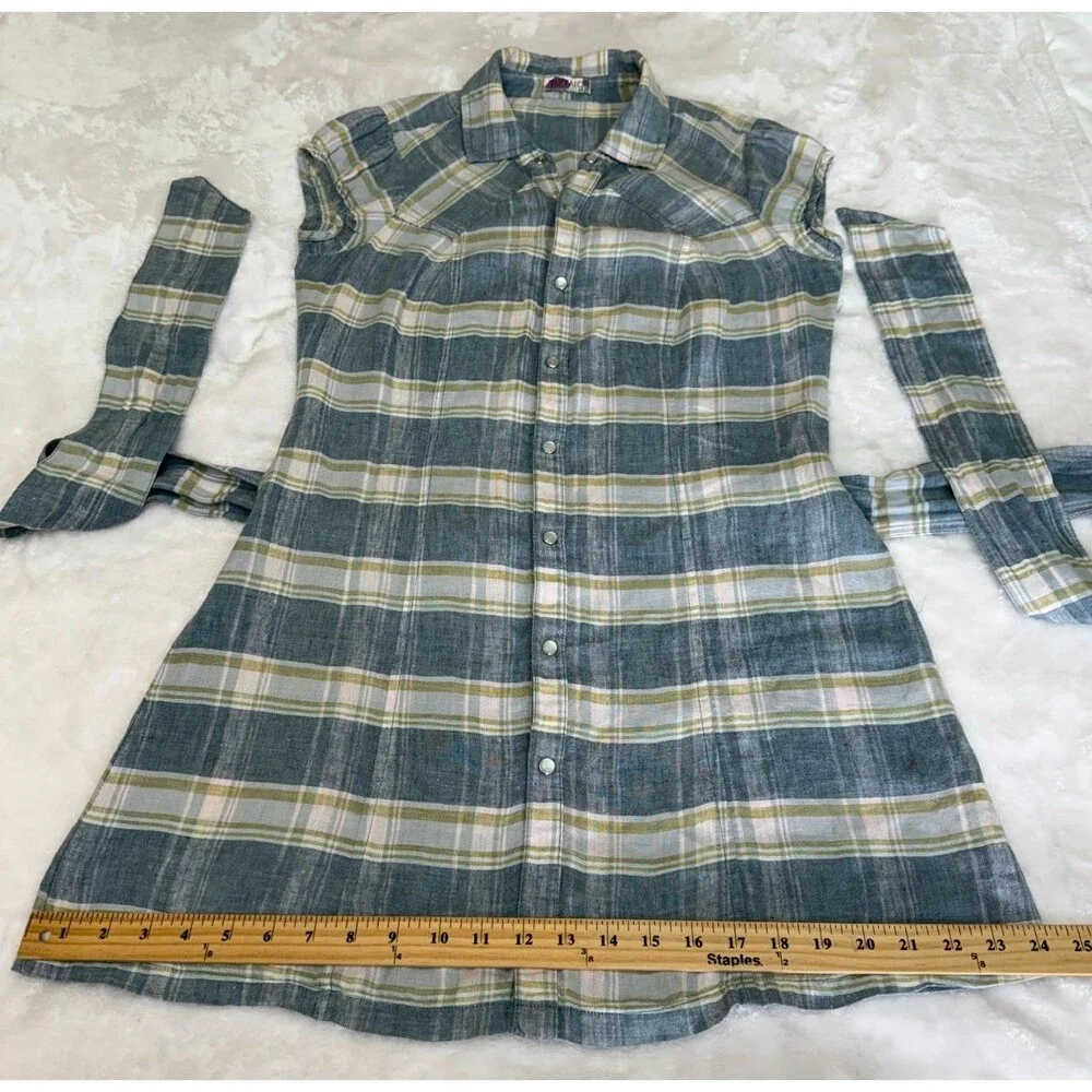Buffalo David Bitton Plaid Shirt Dress Belted Snap Front Blue Beige Women's S